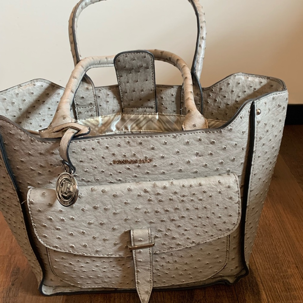 London Fog faux ostrich grey taupe shoulder purse